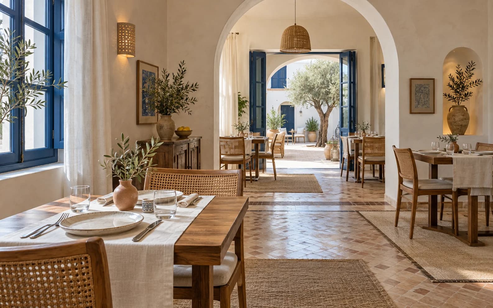Illustration d'un intérieur de restaurant tunisien ouvert sur un patio