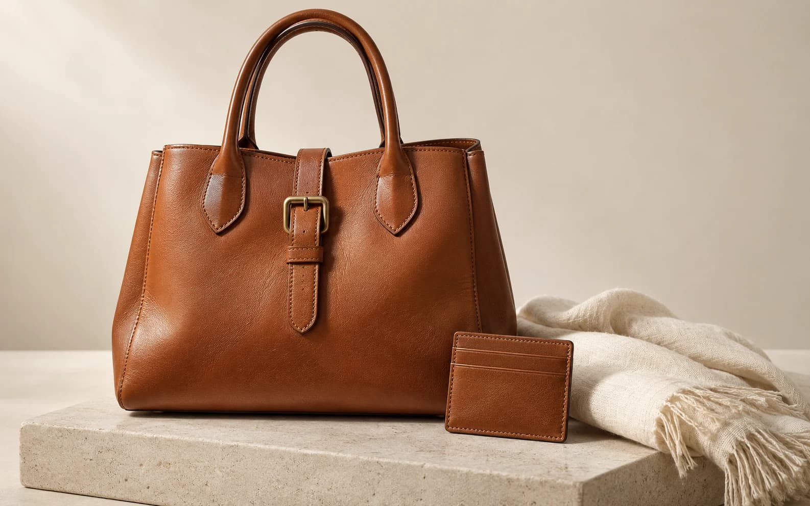 Illustration de photographie de produits : sac et accessoires en cuir sur fond neutre