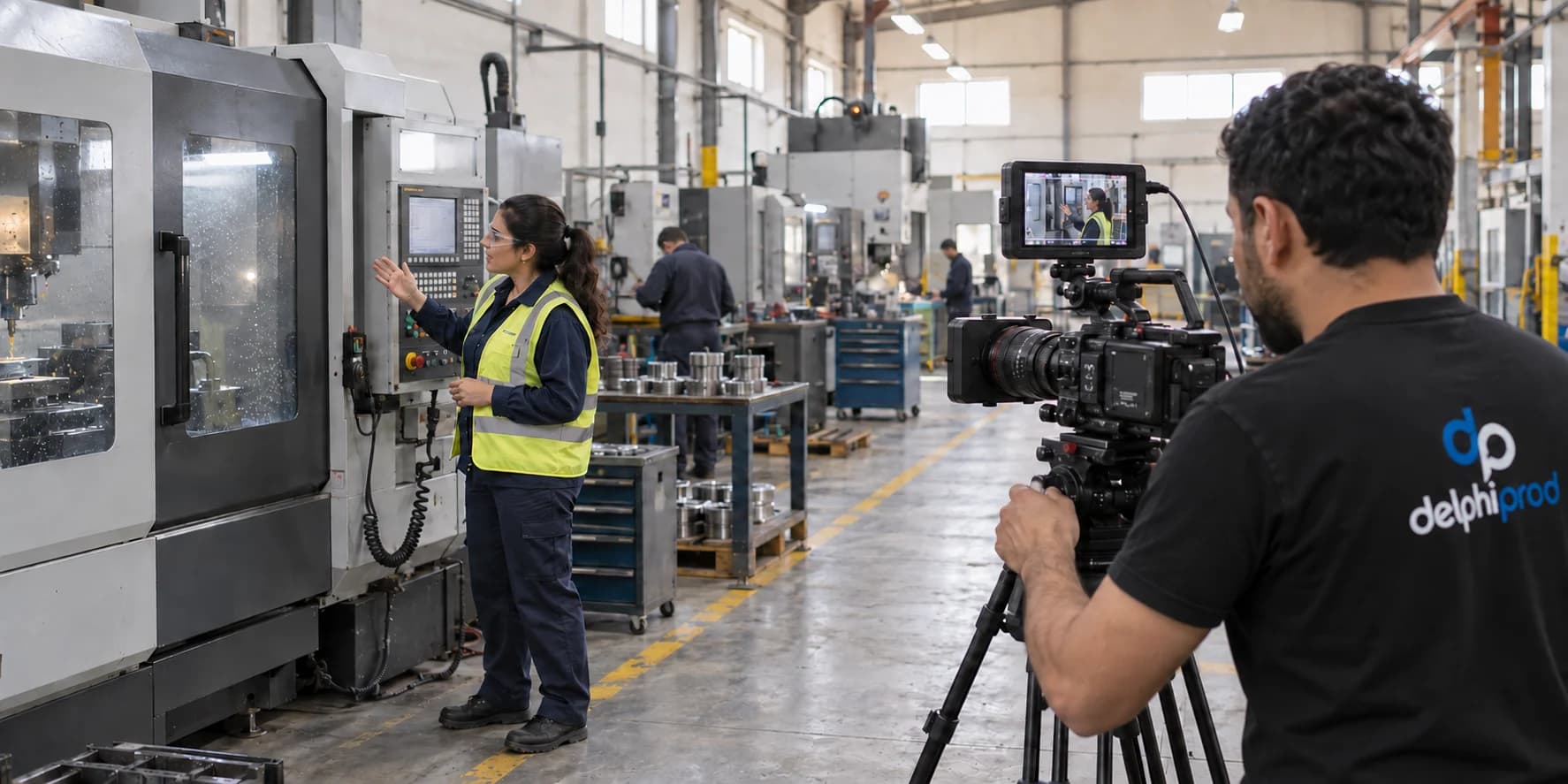 Illustration d'un cadreur DelphiProd tournant un film en atelier industriel